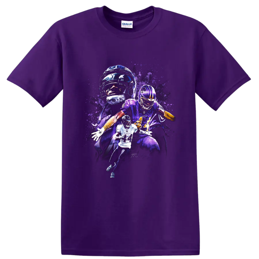 Justin Jefferson Minnesota Vikings wide receiver action collage with purple splatter art on a Purple T Shirt
