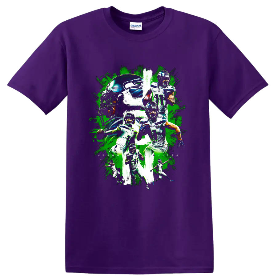 Jaxon Smith-Njigba Seahawks number 11 football action collage with helmet artwork on a Purple T Shirt