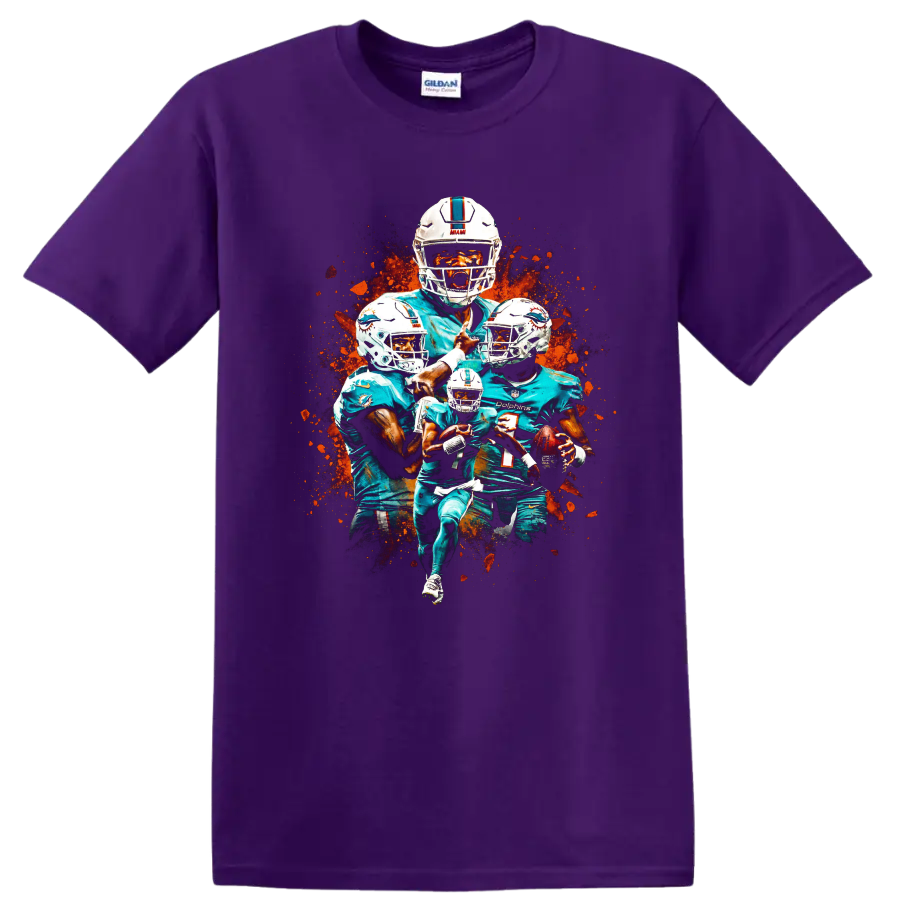 Miami Dolphins Tua Tagovailoa, Tyreek Hill and Jaylen Waddle paint-splatter collage on a Purple T Shirt