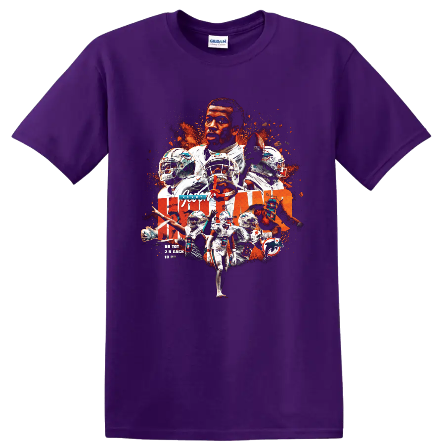 Jevon Holland Miami Dolphins safety action collage with helmets and football on a Purple T Shirt