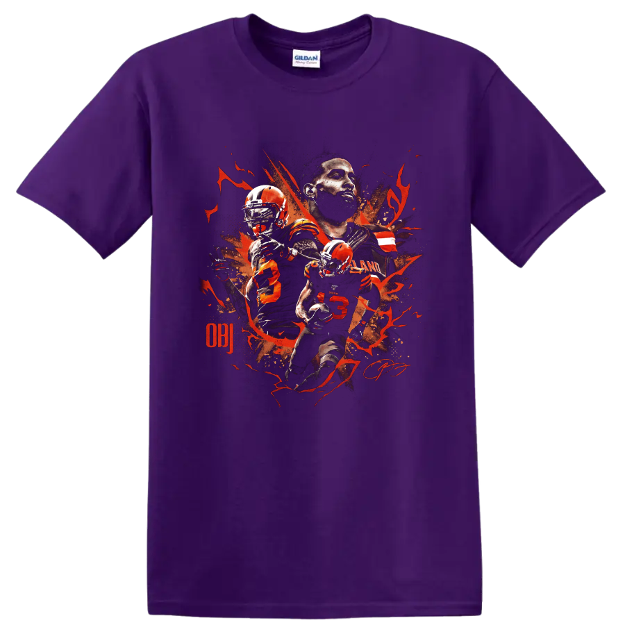 Odell Beckham Jr Cleveland Browns action portrait graphic with orange splatter on a Purple T Shirt