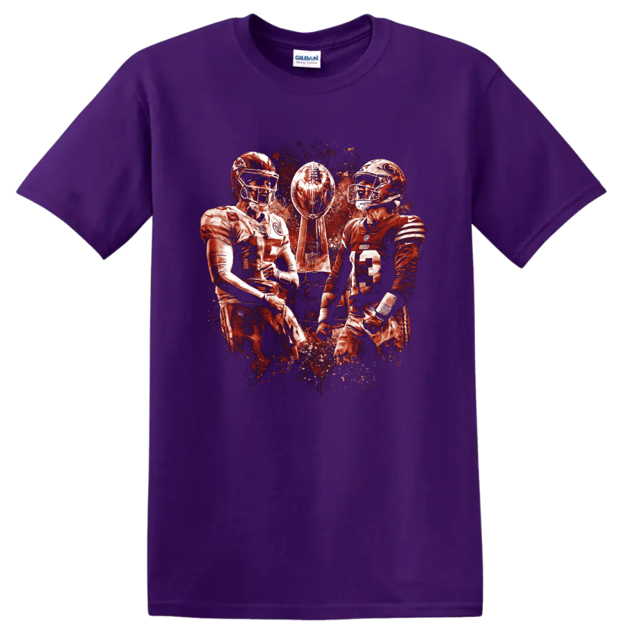 Patrick Mahomes and Brock Purdy with Lombardi Trophy in distressed football art on a Purple T Shirt