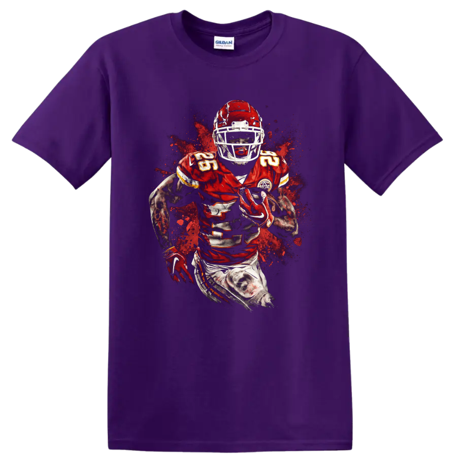 Isiah Pacheco Kansas City Chiefs running back action graphic with paint splatter on a Purple T Shirt