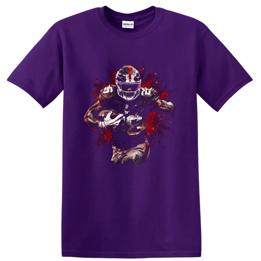 No. 25 football running back in gritty red splatter action artwork on a Purple T Shirt