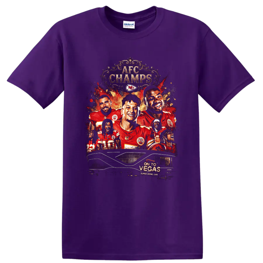 Kansas City Chiefs AFC CHAMPS player collage with On To Vegas Super Bowl LVIII on a Purple T Shirt