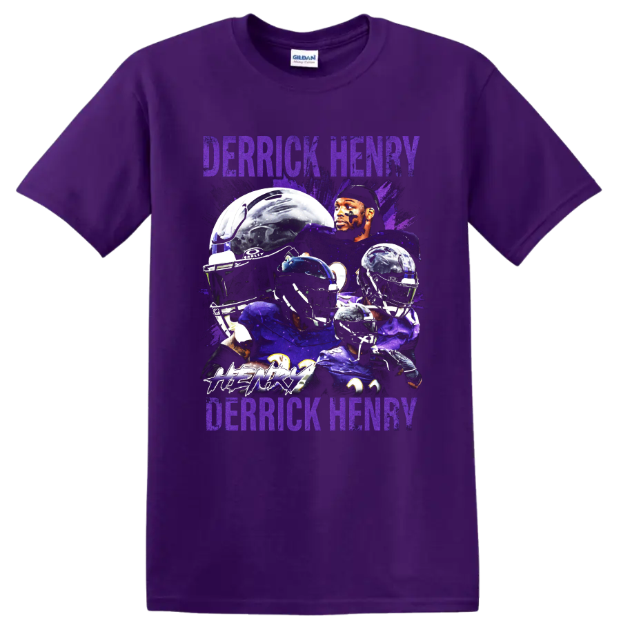 Derrick Henry Baltimore Ravens football collage with helmets and distressed purple text on a Purple T Shirt