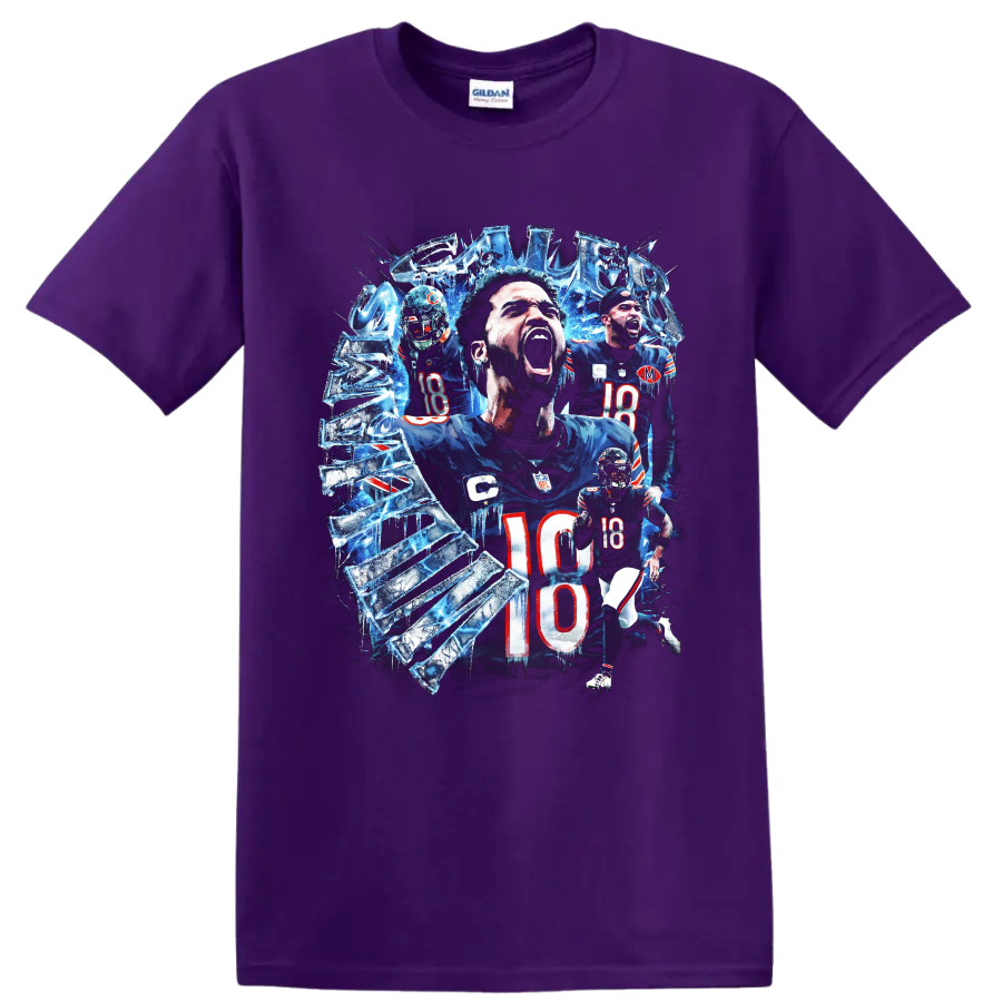 Caleb Williams Chicago Bears number 18 icy shattered football action collage on a Purple T Shirt