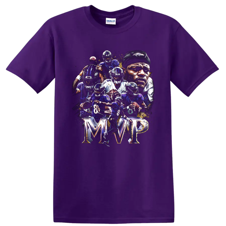 Lamar Jackson Baltimore Ravens MVP action collage with quarterbacks and bold MVP lettering on a Purple T Shirt