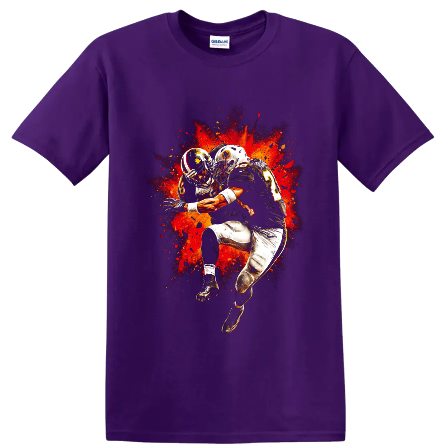 American football players colliding in fiery red-orange splatter action art on a Purple T Shirt