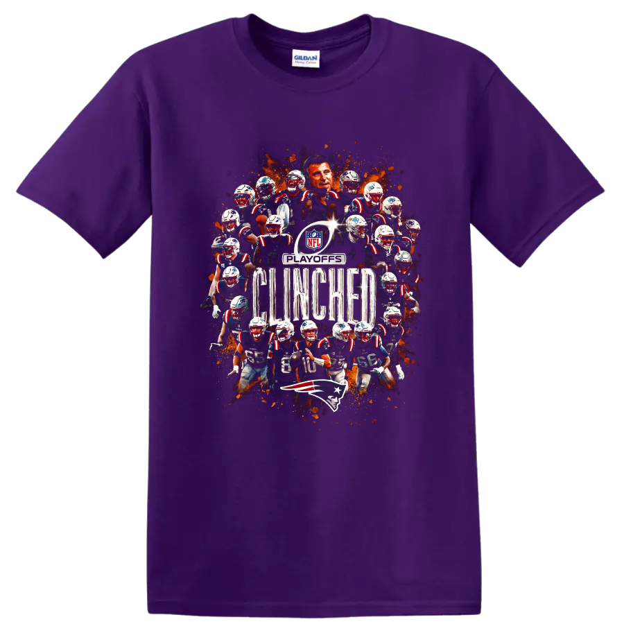 Bill Belichick and New England Patriots playoffs clinched football collage on a Purple T Shirt