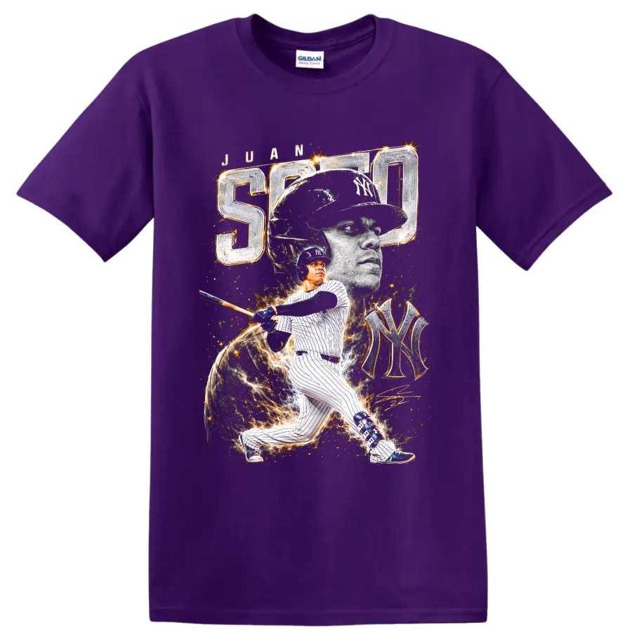 Juan Soto New York Yankees portrait and batting action graphic with SOTO and NY monogram on a Purple T Shirt