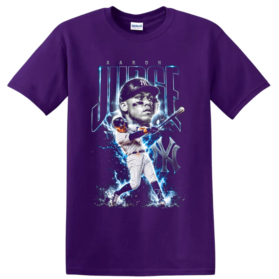Aaron Judge New York Yankees electric blue baseball portrait and swinging action graphic on a Purple T Shirt