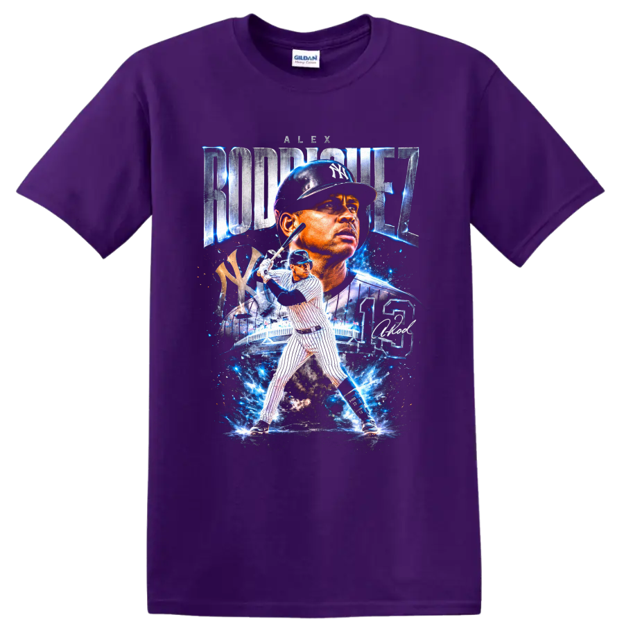 Alex Rodriguez Yankees No. 13 baseball collage with electric blue stadium effects on a Purple T Shirt