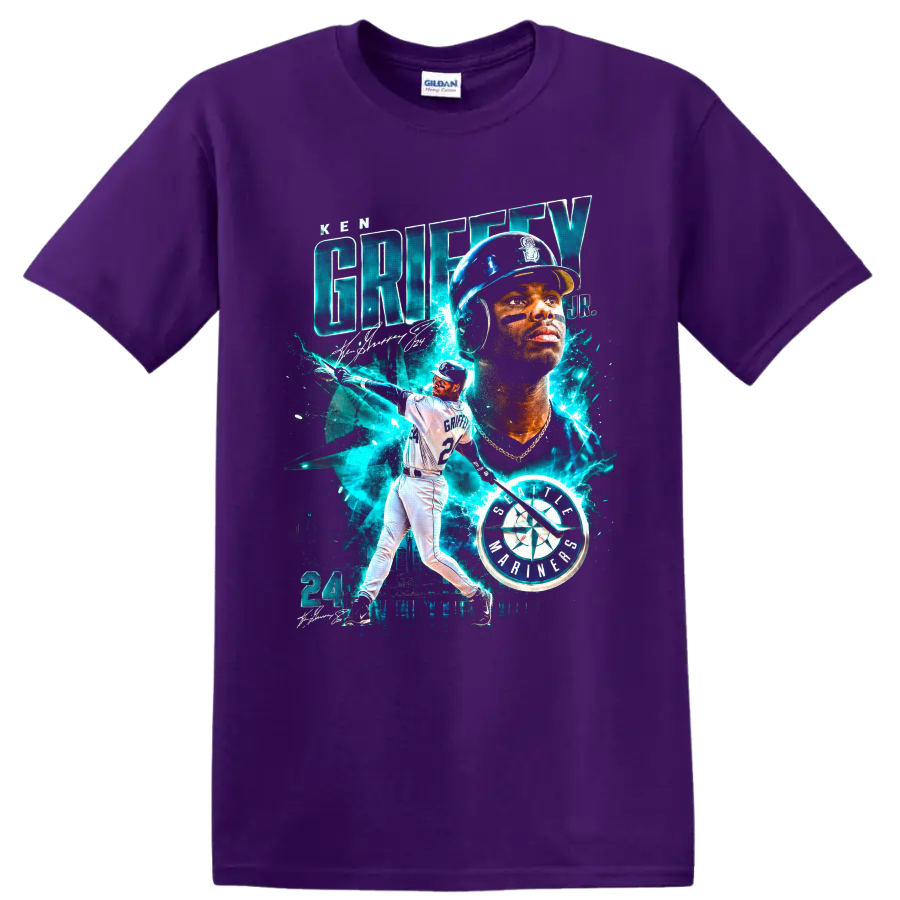 Ken Griffey Jr. Seattle Mariners batting portrait with number 24 and teal electric on a Purple T Shirt
