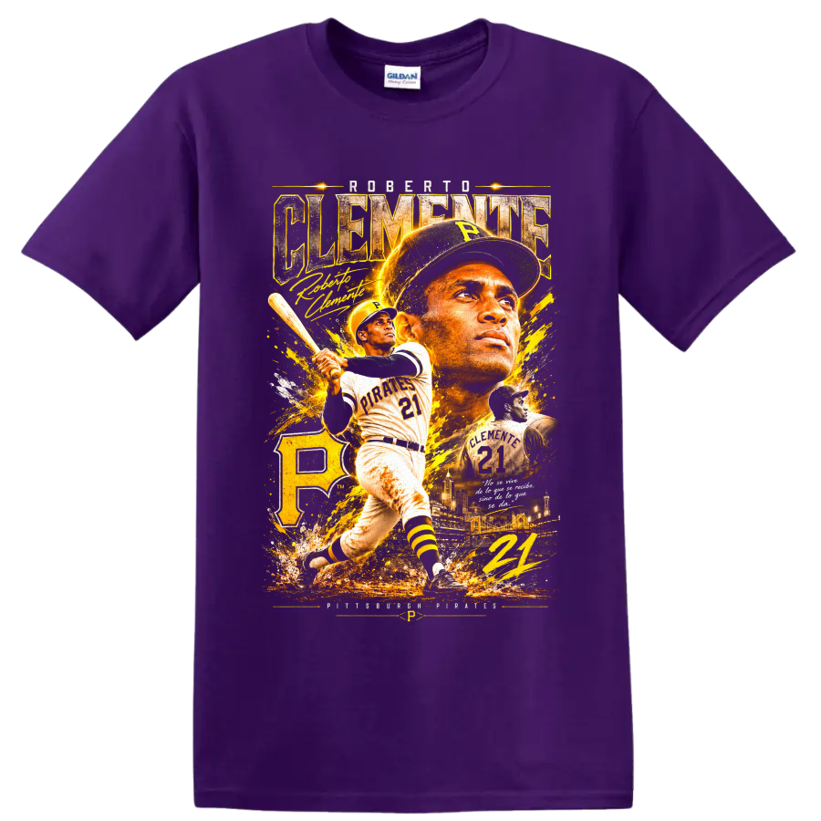 Roberto Clemente Pittsburgh Pirates number 21 vintage gold baseball collage on a Purple T Shirt