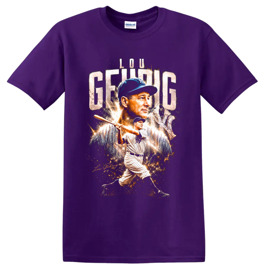 Lou Gehrig Yankees portrait and batting graphic with distressed lettering and number 4 on a Purple T Shirt