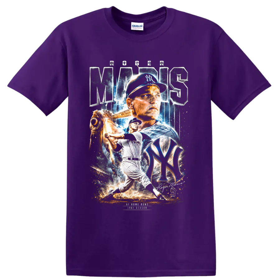 Aaron Judge New York Yankees baseball action portrait graphic with NY emblem on a Purple T Shirt