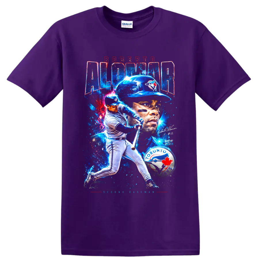 Roberto Alomar Toronto Blue Jays batting and portrait collage with Hall of Fame text on a Purple T Shirt