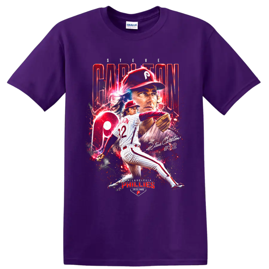 Steve Carlton #32 Philadelphia Phillies pitcher in dramatic red vintage poster art on a Purple T Shirt