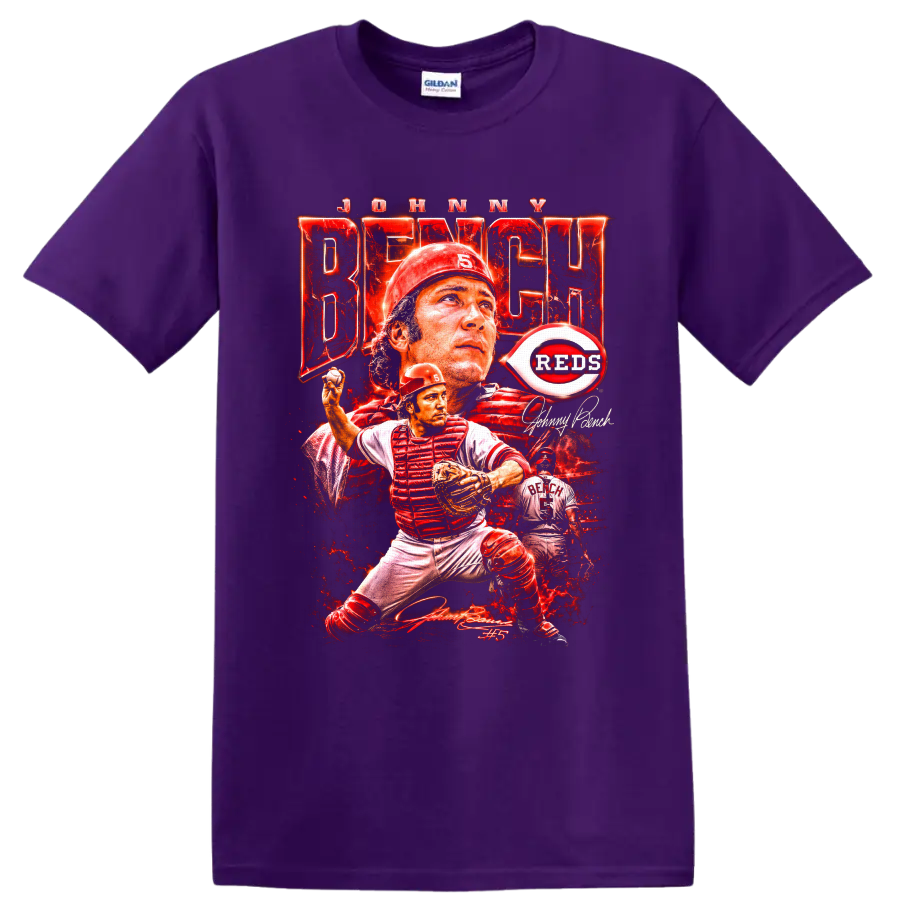 Johnny Bench Cincinnati Reds catcher collage with No. 5 and distressed red poster art on a Purple T Shirt