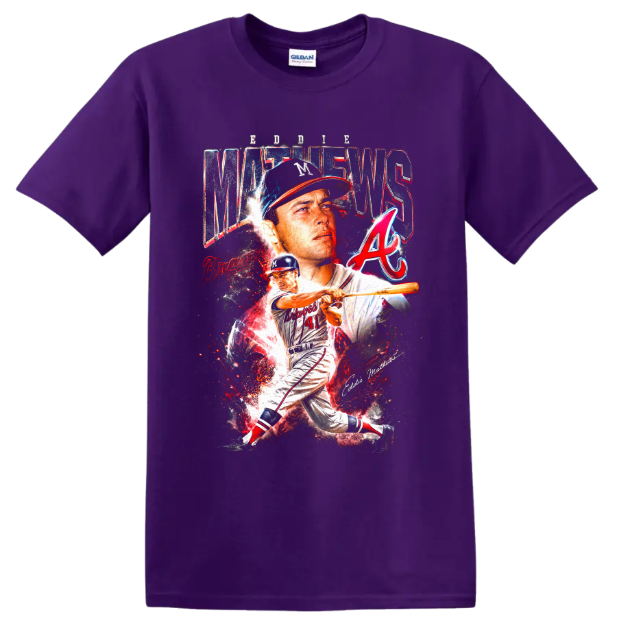 Eddie Mathews Milwaukee Braves portrait and batting action baseball collage on a Purple T Shirt