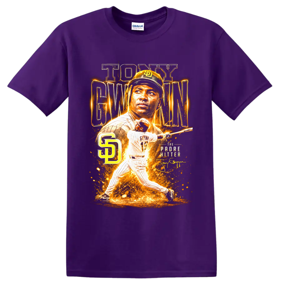 Tony Gwynn Padres batting portrait graphic with SD monogram and The Padre Hitter text on a Purple T Shirt