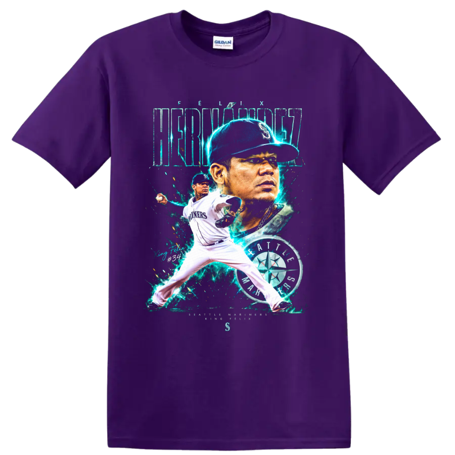 Félix Hernández Seattle Mariners portrait and pitching graphic with King Félix No. 34 on a Purple T Shirt