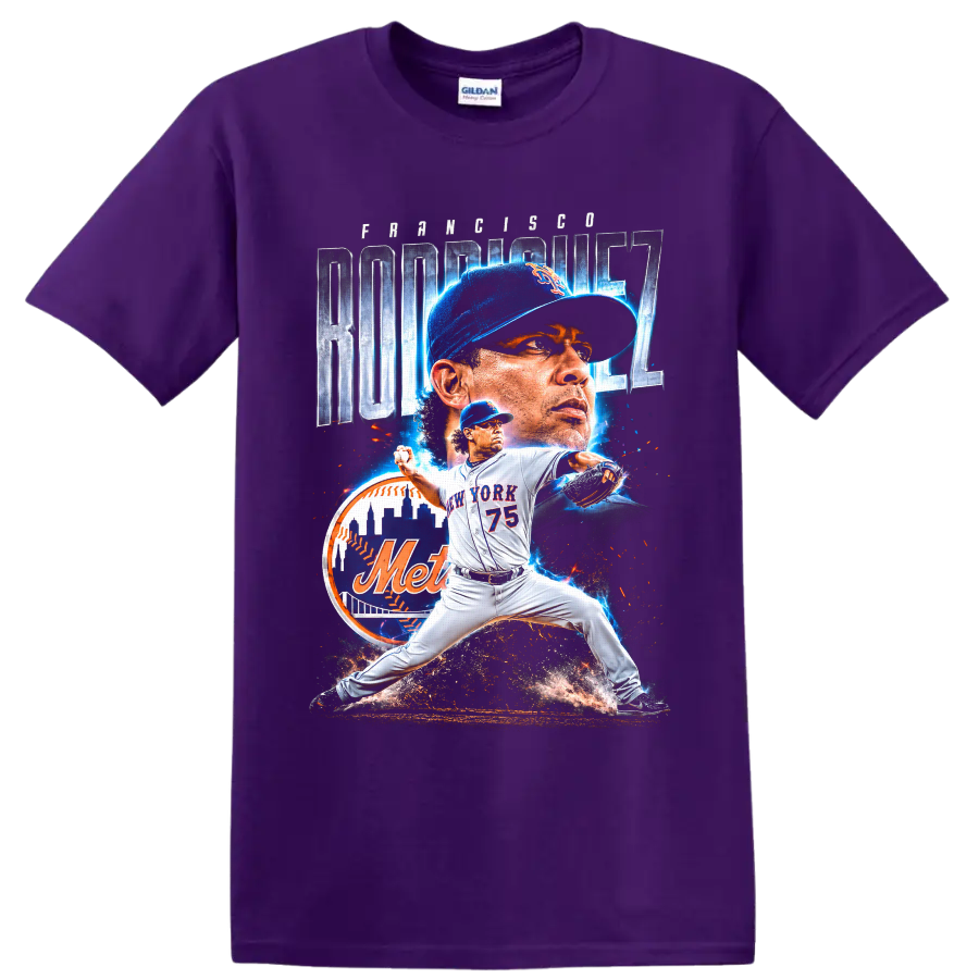 Francisco Rodríguez Mets pitcher action graphic with number 75 and New York skyline on a Purple T Shirt