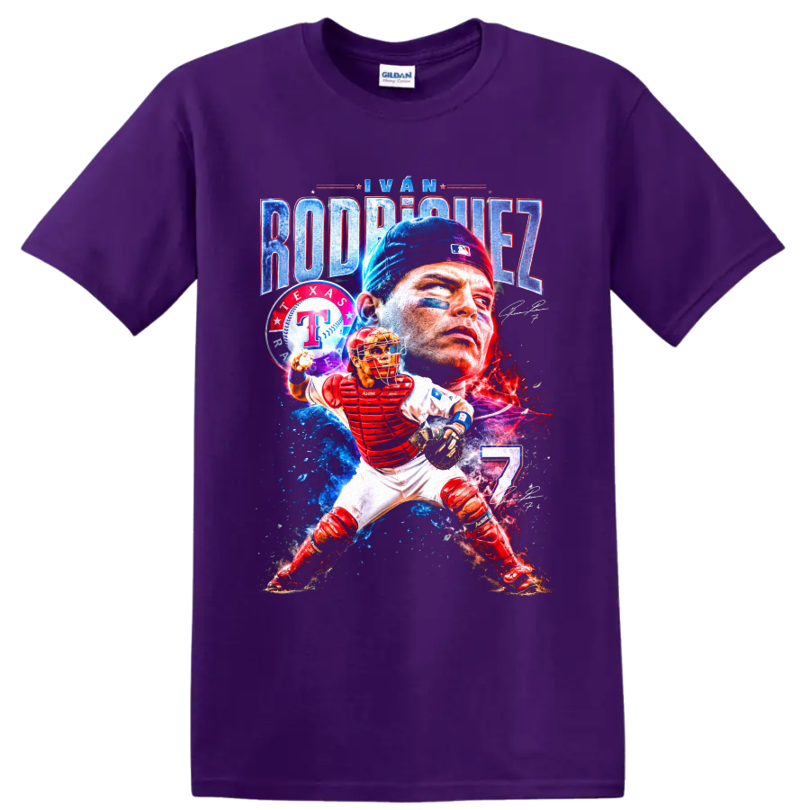 Iván Rodríguez Texas Rangers catcher portrait and action graphic with number 7 on a Purple T Shirt