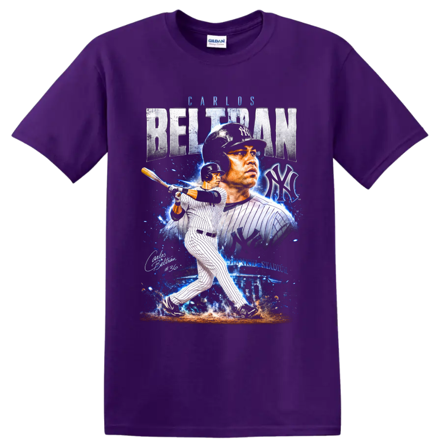 Carlos Beltrán Yankees pinstripe batting collage with BELTRAN text, NY emblem, and #36 on a Purple T Shirt