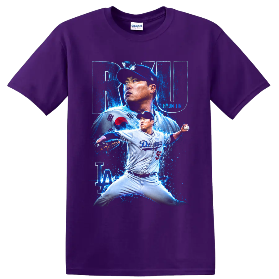 Hyun Jin Ryu Dodgers pitcher collage with Korean flag and electric blue splashes on a Purple T Shirt