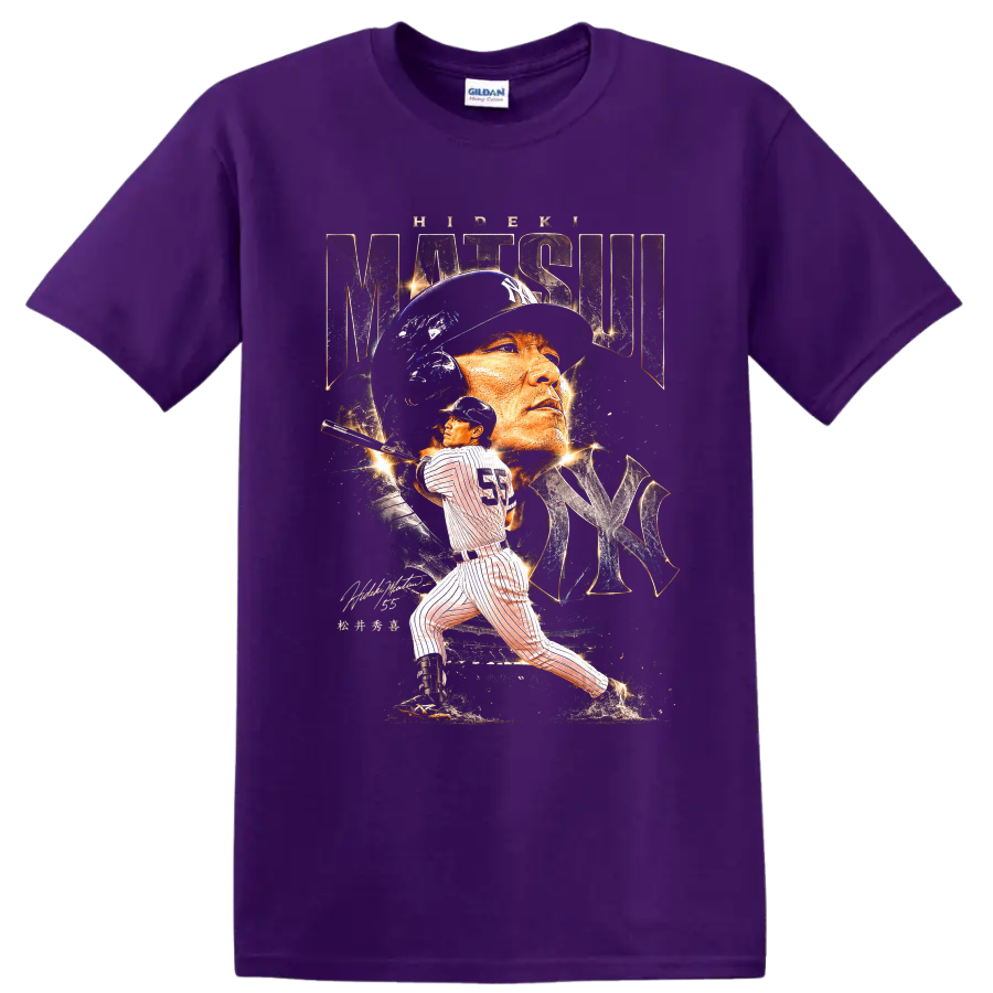Hideki Matsui Yankees portrait and batting action in distressed baseball poster art on a Purple T Shirt
