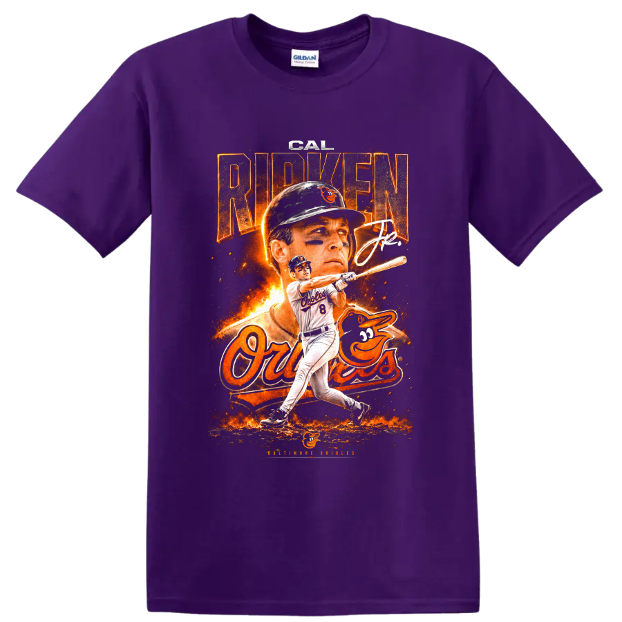 Cal Ripken Jr. Baltimore Orioles fiery vintage-style batting and portrait graphic on a Purple T Shirt