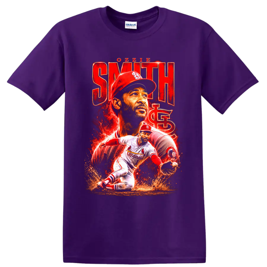 Ozzie Smith St. Louis Cardinals portrait and fielding baseball tribute graphic on a Purple T Shirt