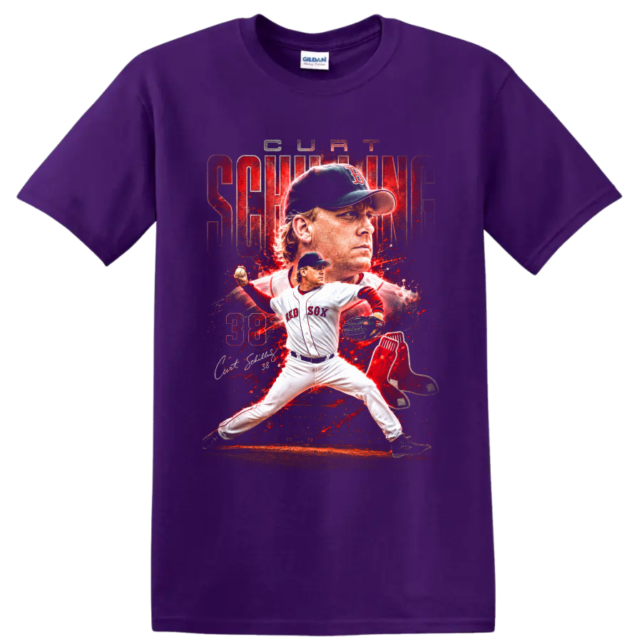 Curt Schilling Red Sox pitcher collage with number 38 and distressed red sports art on a Purple T Shirt