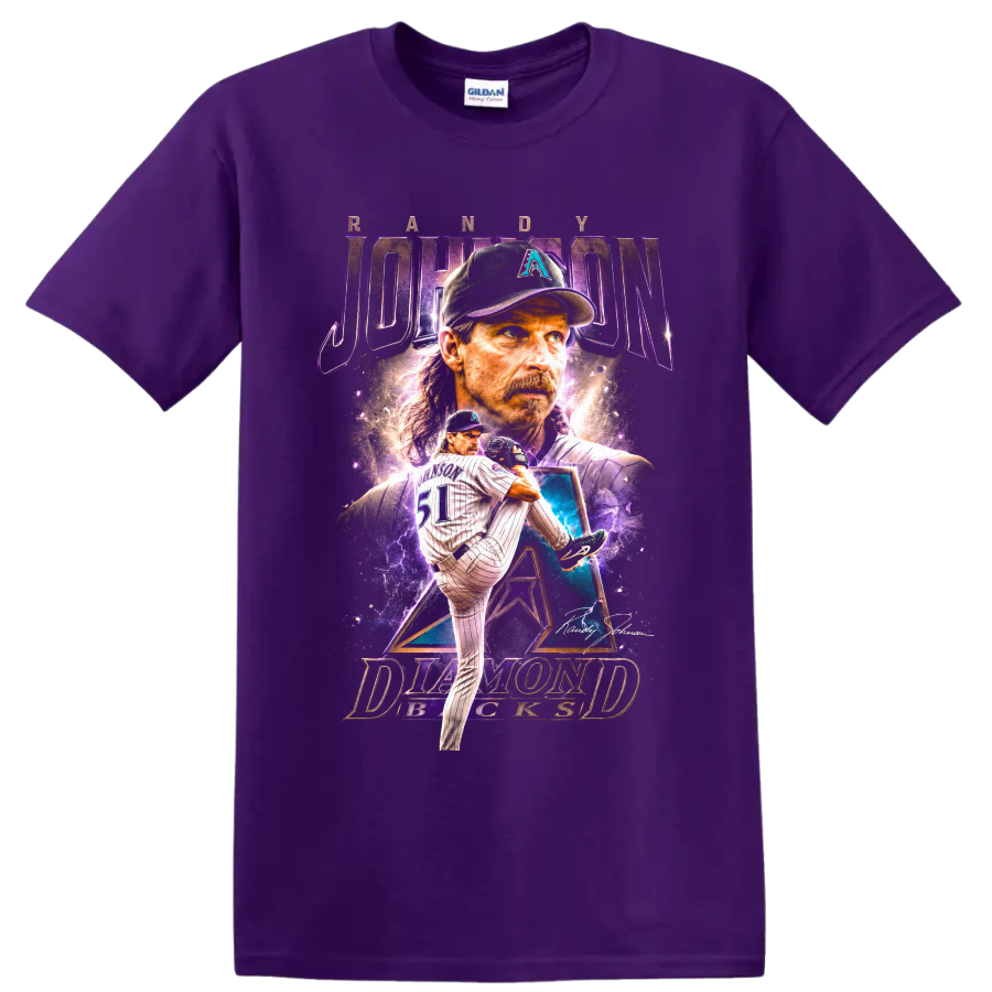 Randy Johnson Arizona Diamondbacks pitcher portrait and number 51 action graphic on a Purple T Shirt
