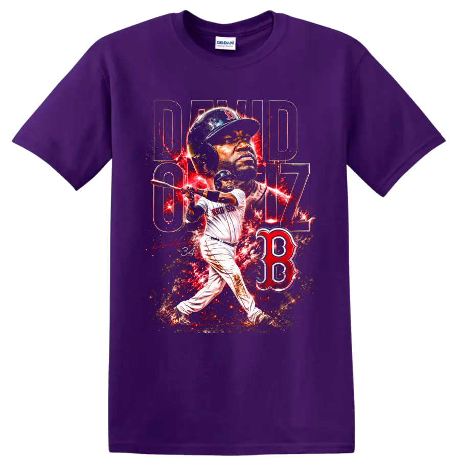 David Ortiz Big Papi 34 Boston Red Sox batting portrait and splatter graphic on a Purple T Shirt