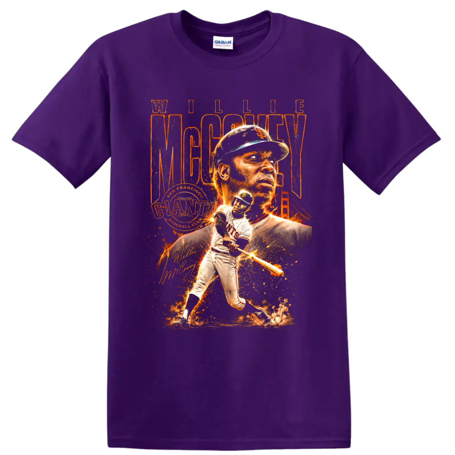 Willie McCovey San Francisco Giants baseball collage with batting action and Golden Gate on a Purple T Shirt