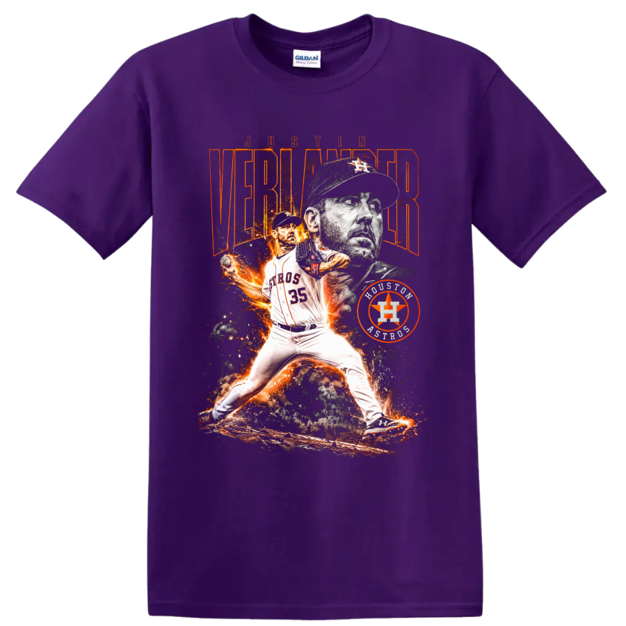 Justin Verlander Houston Astros pitcher collage with fiery action art and number 35 on a Purple T Shirt