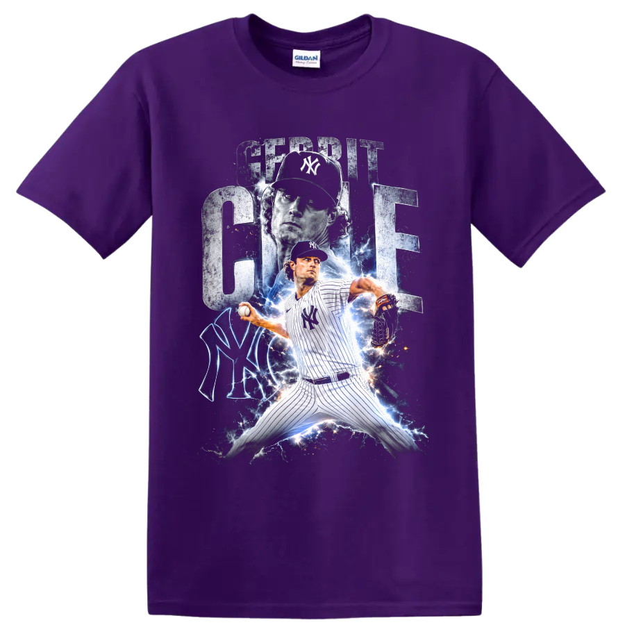 Gerrit Cole New York Yankees pitcher lightning graphic with bold name lettering on a Purple T Shirt