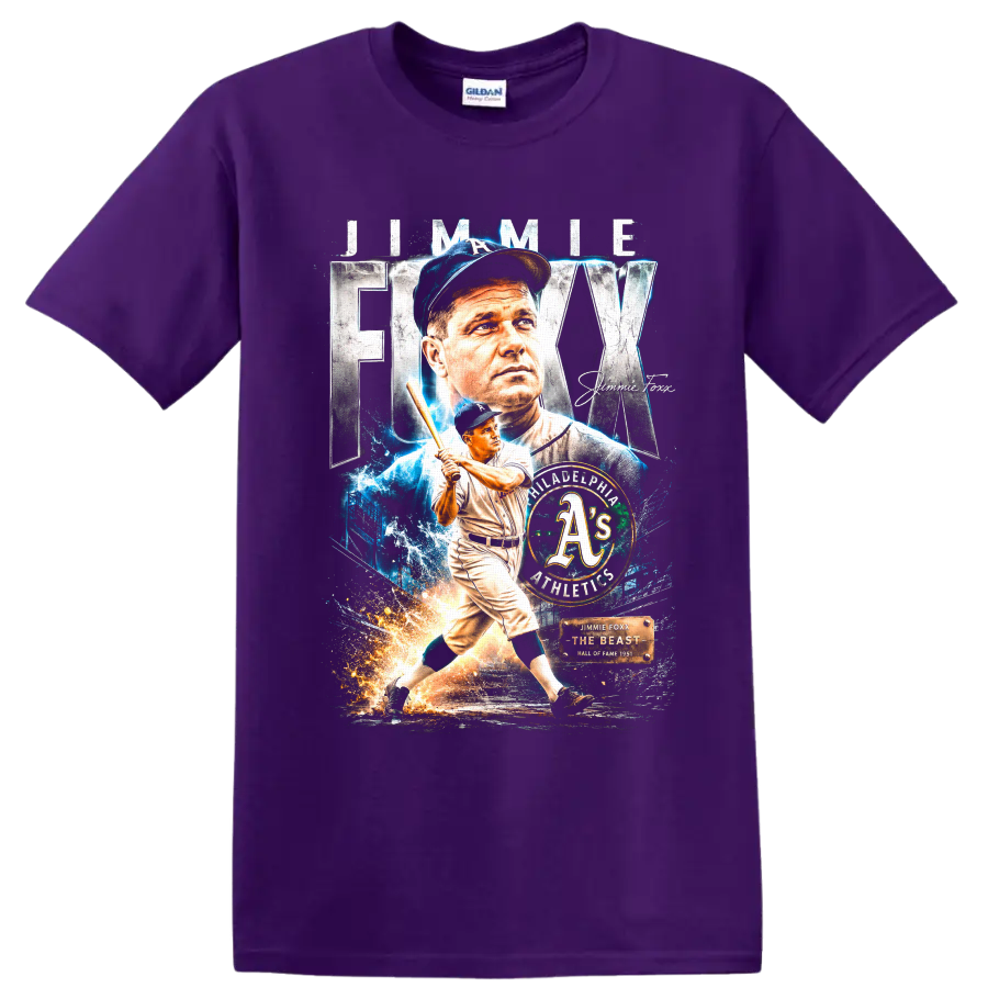 Jimmie Foxx Philadelphia Athletics vintage portrait and batting tribute graphic on a Purple T Shirt