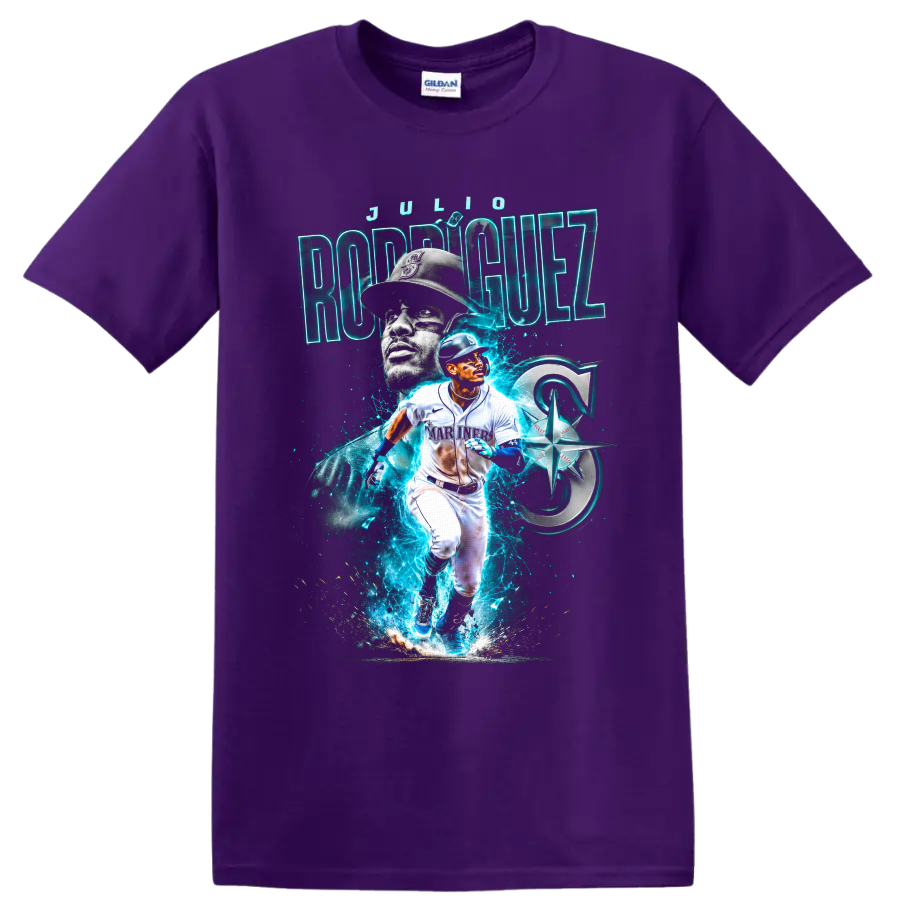 Julio Rodríguez Seattle Mariners neon action baseball portrait graphic on a Purple T Shirt
