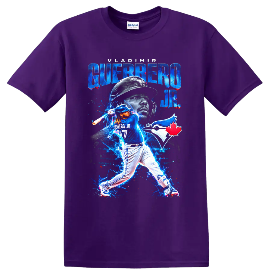 Vladimir Guerrero Jr. Blue Jays batting collage with electric blue effects and team logo on a Purple T Shirt