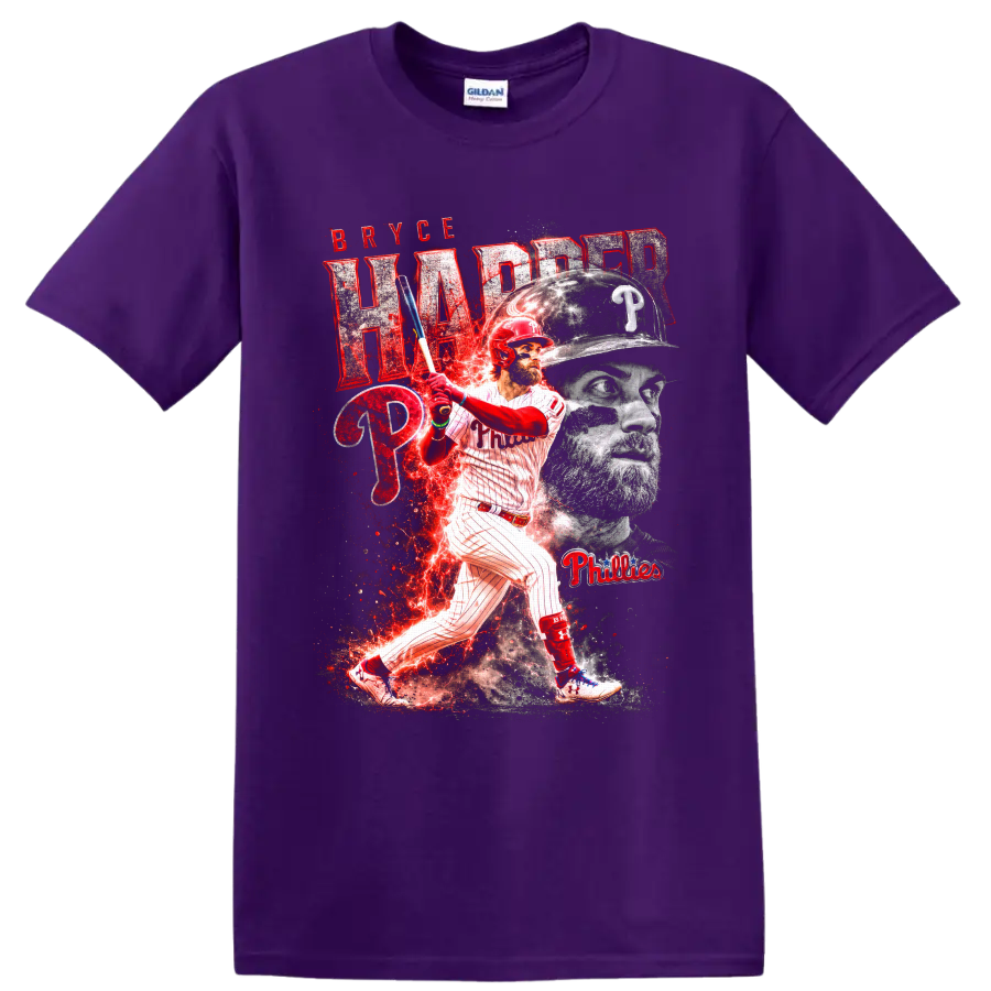 Bryce Harper Phillies batting graphic with portrait, team logos, and red lightning effects on a Purple T Shirt