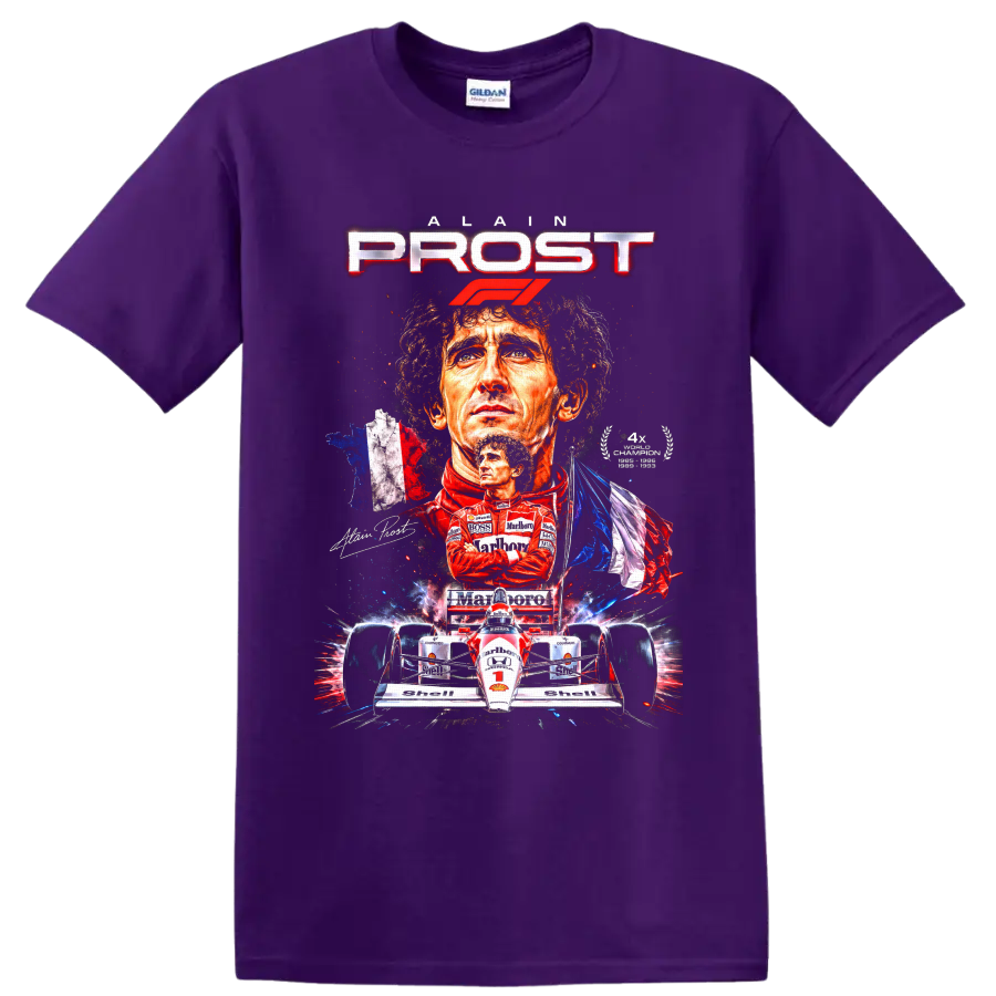 Alain Prost Formula 1 portrait collage with race car, French flag, and PROST lettering on a Purple T Shirt