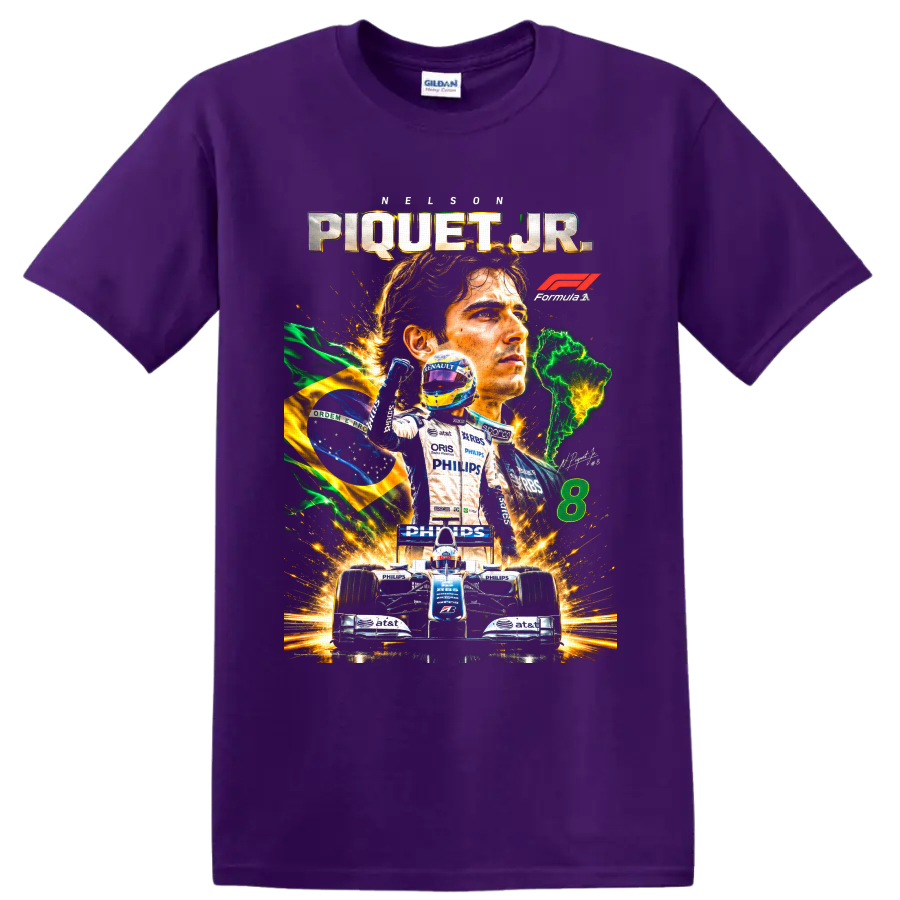 Nelson Piquet Jr Formula 1 racing collage with Brazilian flag, race car, and number 8 on a Purple T Shirt