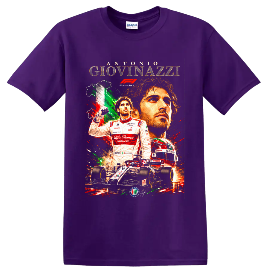 Antonio Giovinazzi Alfa Romeo Racing Formula 1 collage with helmet and race car on a Purple T Shirt