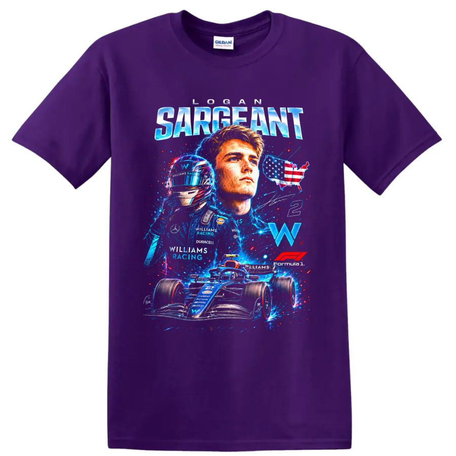 Logan Sargeant Williams Racing Formula 1 portrait, helmet, No. 2 car graphic on a Purple T Shirt