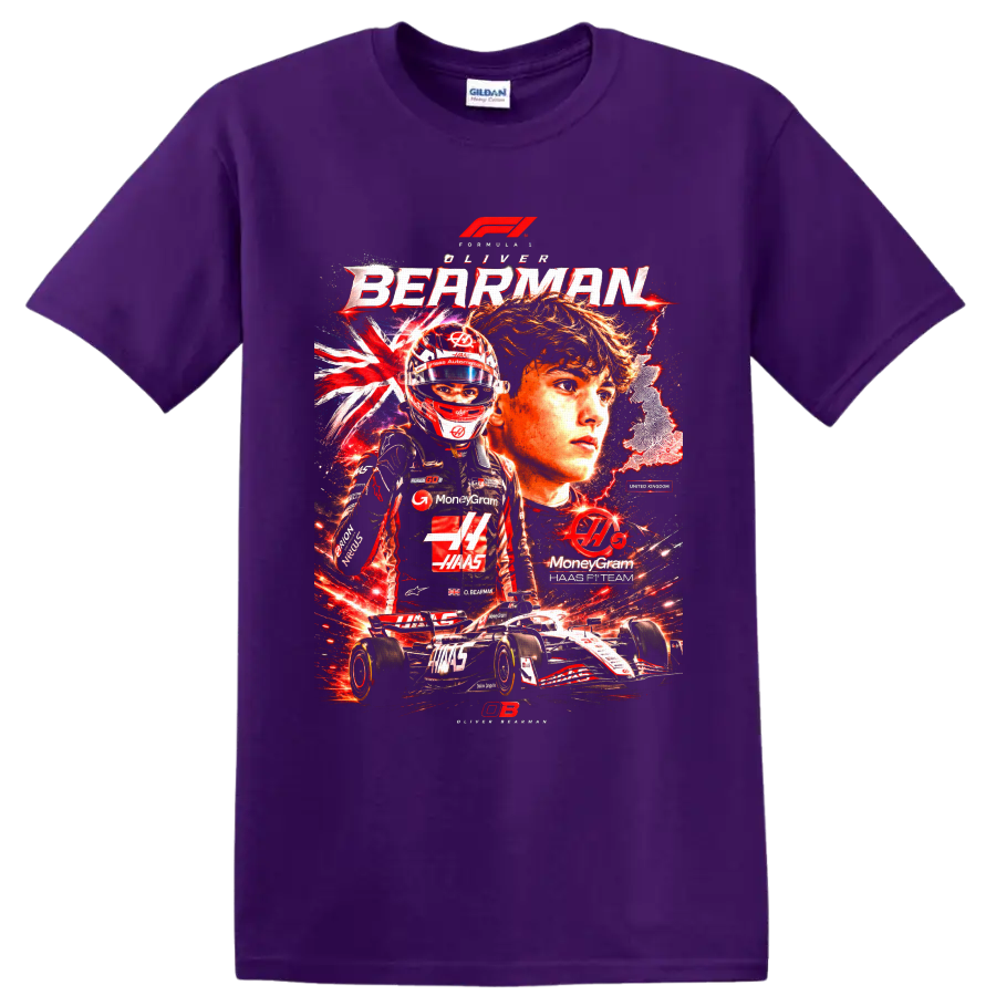 Oliver Bearman Haas Formula 1 driver collage with helmet, race car, and British motifs on a Purple T Shirt