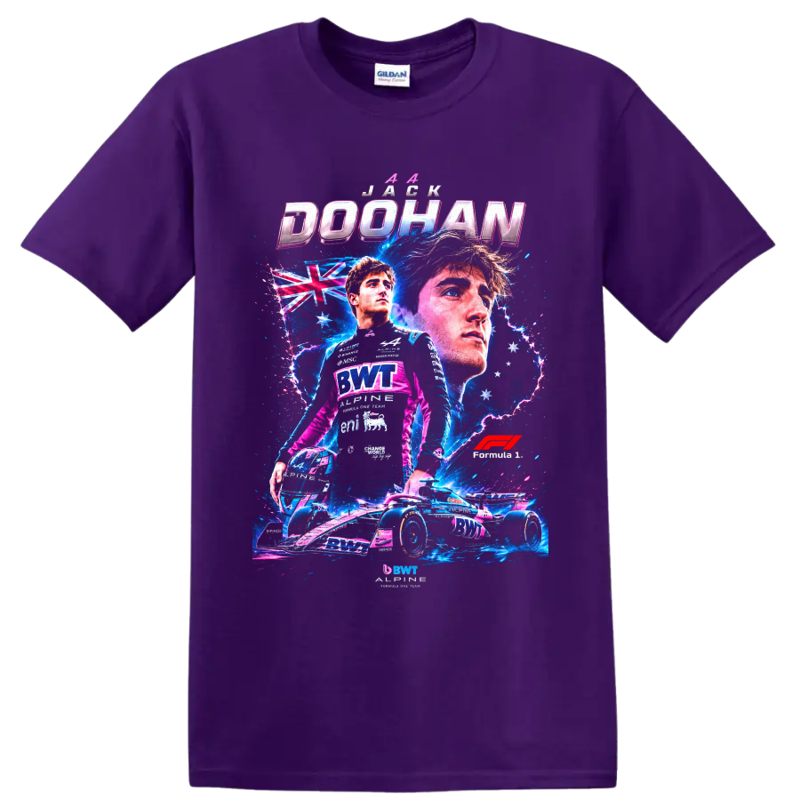 Jack Doohan Alpine Formula 1 driver and race car neon collage with Australian flag on a Purple T Shirt